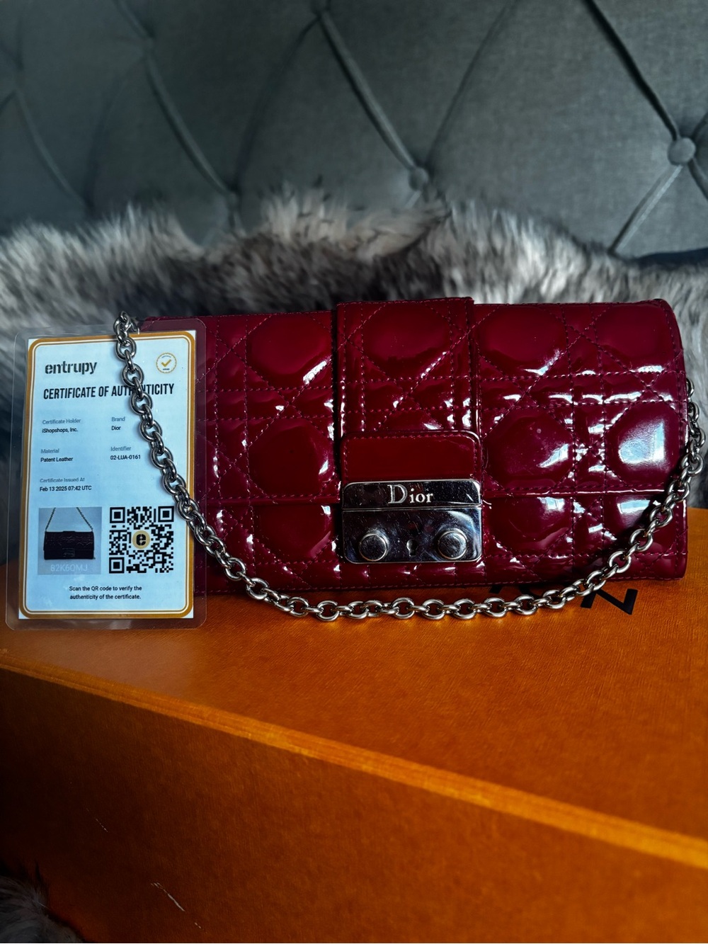 AUTHENTIC **Dior Red Quilted wallet on chain silver Strap & hardware